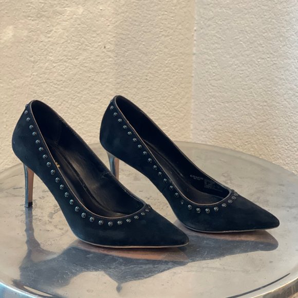 COACH Smith Black Suede Pointed Toe Studded Pumps - Picture 3 of 8